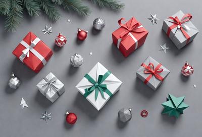The primary subject of the image is a collection of wrapped Christmas presents. The presents are displayed in various sizes and colors, creating a festive and joyful atmosphere. The setting is a gray background, which contrasts with the vibrant colors of the presents. The visual style is a combination of photo and digital art, as the presents are depicted in a realistic manner while the background is a flat, uniform color. The colors and mood of the image are predominantly warm and cheerful, as the presents are associated with the